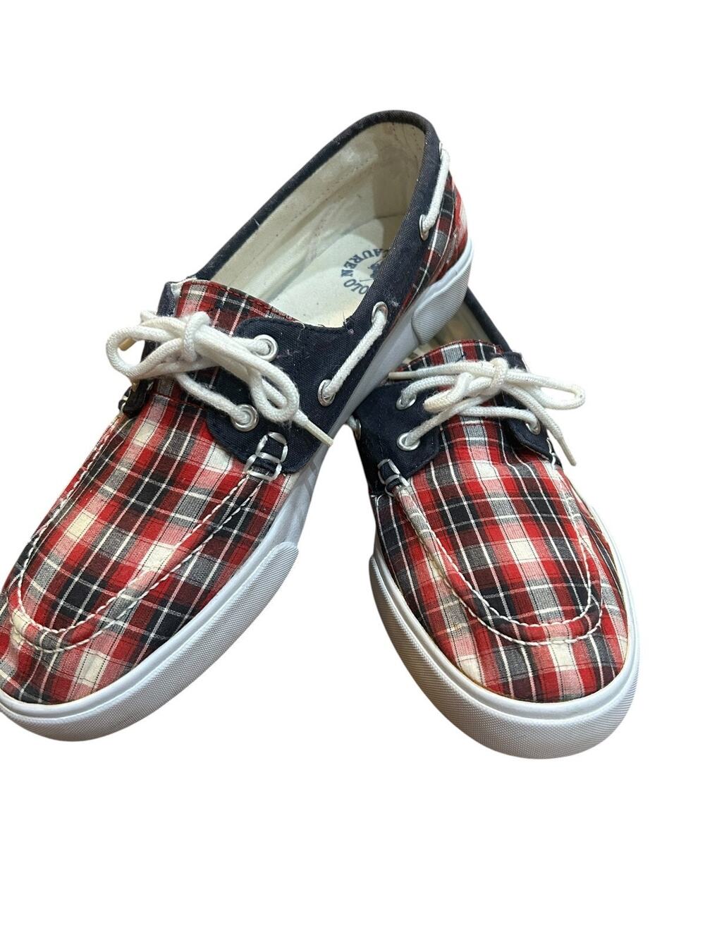 Polo Ralph Lauren Plaid Boat Shoes Men's Red Tartan Canvas Lace Up Size 9